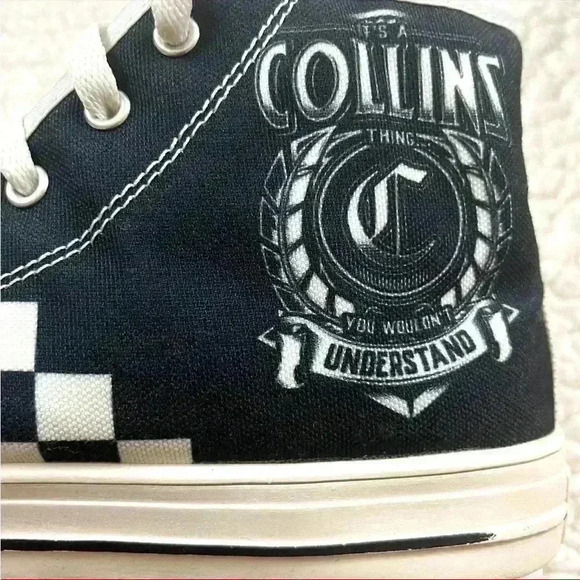 Collins Black/White Checker “Its A Collin’s Thing” Graphic Lace High Top Size 10 - Picture 7 of 14